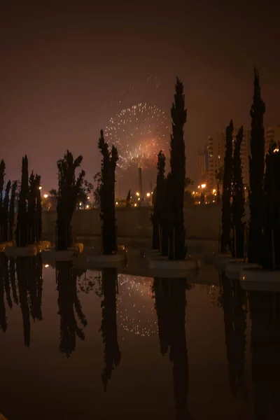 Feuerwerk Auf Dem Hintergrund Der Nächtlichen Stadt Valencia Spanien — Stockfoto