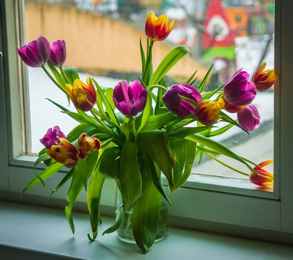 Весняний букет з різнокольорових тюльпанів у скляній банці на підвіконні — стокове фото