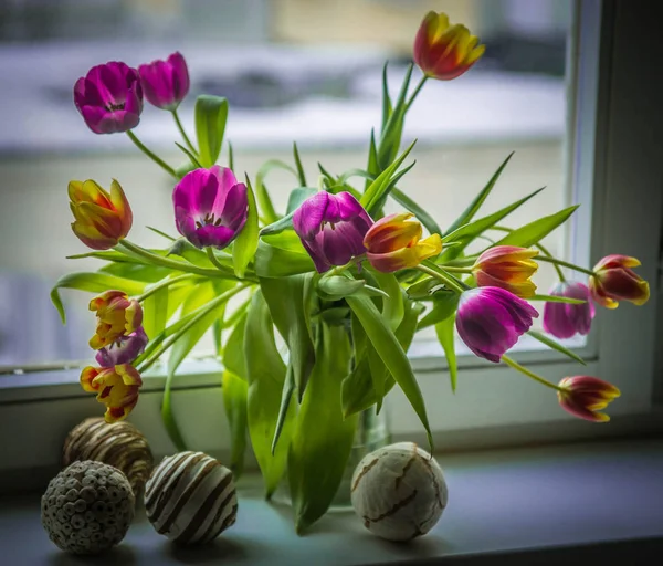 Cam pencere üzerinde çok renkli Lale buket bahar — Stok fotoğraf