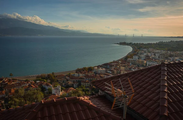 Paysage Urbain Panoramique Avec Mer Nafpaktos Pont Patras Loin Grèce — Photo