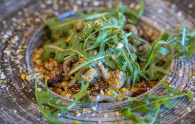 Kurutulmuş domatesli ev yapımı makarna roka ve özel soslu tasarım tabağı, seçici odaklı.