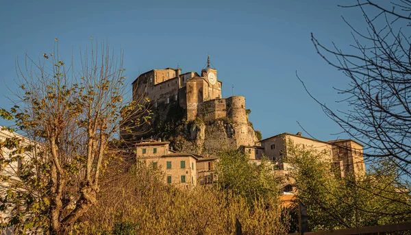 Vista Panorámica Las Fortificaciones Medievales Castillo Rocca Abbaziale Subiaco Italia — Foto de Stock