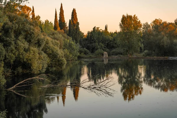 Obraz Rzeki Refleksje Zachodzie Słońca Nymph Gardens Prowincji Latina Włoszech — Zdjęcie stockowe