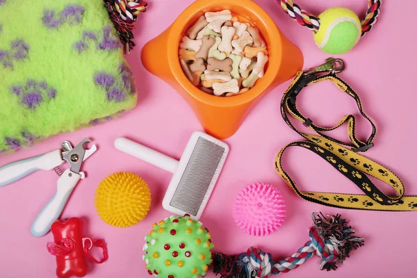Köpek ve kedi, oyuncaklar, kuru gıda, bisküvi, kurabiye, fırçalar, saç fırçaları, topları, pembe arka plan üzerinde yaka için aksesuarlar ile Düz yatıyordu kompozisyon. Evcil hayvan bakımı