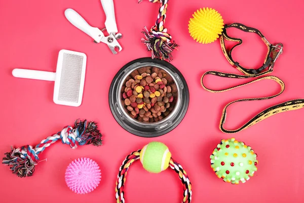 Flat lay composition with accessories for dog and cat, toys, dry food, biscuits, cookies, pet food. — Stock Photo, Image