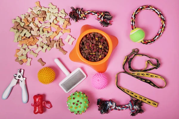 Flat lay composition with accessories for dog and cat, toys, dry food, biscuits, cookies, brushes, hairbrushes, balls, collar on pink background. Pet care — Stock Photo, Image