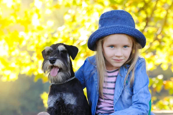 Enfant fille blonde embrasse avec amour son chien schnauzer animal de compagnie. L'amitié. Couleurs d'automne . — Photo