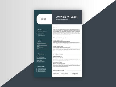 Koyu mavi minimalist özgeçmiş tasarım vektörünü bireysel iş dünyası, iş başvurusu, kurumsal işe alma, yaratıcı içerik sunumu, kariyer markalaştırma belgesi için uygun hale getir