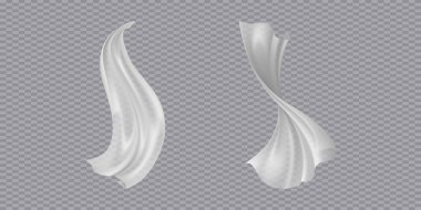 Rüzgarda uçan kumaşın vektör çizimi, dalgalı perde, şifon veya saten kumaş tasarımı, dekorasyon ve moda temaları için yumuşak tekstil nesnesi