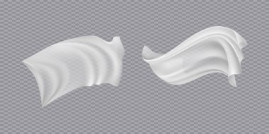 Gerçekçi kanat çırpan beyaz kumaş yumuşak hafif kumaş, arka planda izole edilmiş kumaş vektör çizimi, moda, kumaş, iç dekorasyon için mükemmel tekstil tasarım unsuru