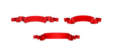 Beyaz arkaplanda izole edilmiş parlak 3D vektör pankartlarıyla gerçekçi kırmızı parlak kurdele koleksiyonu, dekorasyon, kutlama, tasarım, şenlik, olay ve markalaşma temaları için mükemmel.