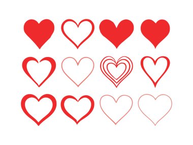 Romantik aşk sembolü, kalp simgeleri koleksiyonunun sevgililer günü tebrik kartı romantizmi için dekoratif tasarım unsurları.