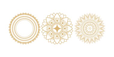 Dekoratif yuvarlak mandala vektör koleksiyonu. Yoga meditasyonu, manevi tasarım ve süs sanatları için beyaz arka planda izole edilmiş karmaşık çiçek desenleri var.