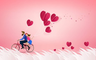 Mutlu çift birlikte bir bisiklet sürme ve pembe bir arka plan üzerinde kırmızı balon tutuyor. Aşk ve Sevgililer günü çizimi.