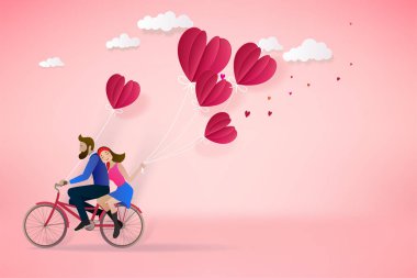 Mutlu çift birlikte bir bisiklet sürme ve pembe bir arka plan üzerinde kırmızı balon tutuyor. Aşk ve Sevgililer günü çizimi.