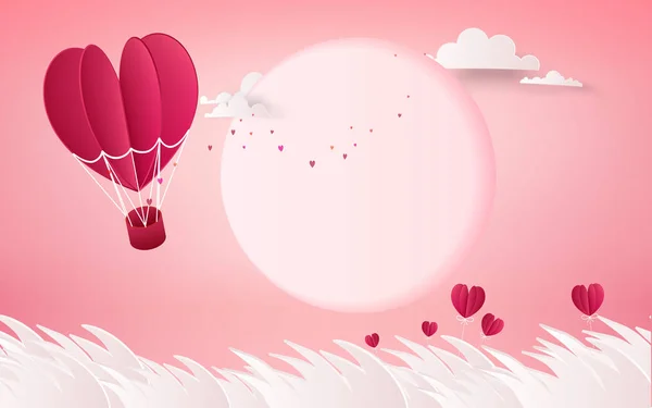 红色的心脏花在粉红色背景与红色心脏气球飞行 — 图库矢量图片