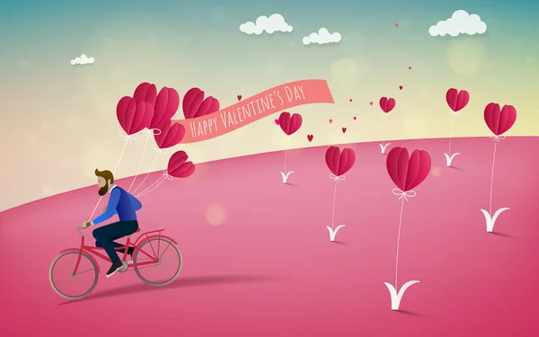 骑自行车和手持红心气球的人 爱情理念 — 图库矢量图片