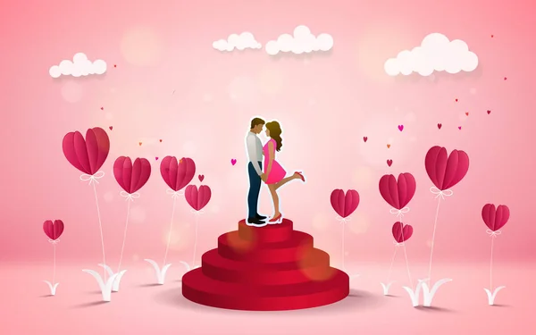 レッド ステージ新婚旅行休暇夏の休日のロマンスにキスしてカップルでピンクの背景に赤いハートの花 — ストックベクタ