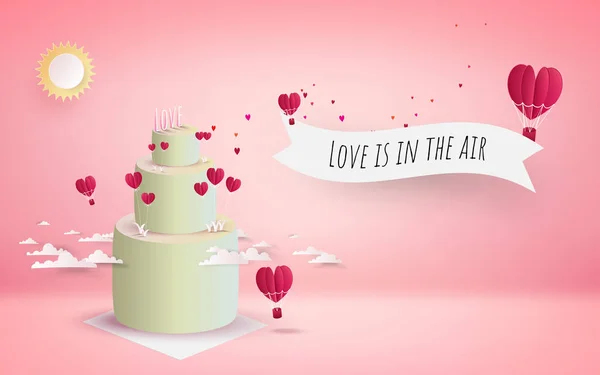 心花と空飛ぶ赤いハート バレンタインのケーキ ピンクの背景 — ストックベクタ