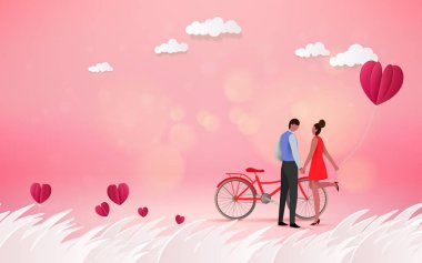 Pembe bir arka plan üzerinde kırmızı kalp çiçek tatlı çift balayı tatil yaz tatilleri romantik tarih ile. Aşk kavramı. Mutlu sevgililer günü duvar kağıdı, poster, kart. Vektör çizim.