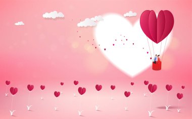 Tatlı çift balayı tatil yaz tatilleri romantik bir sıcak hava balonu içinde. Aşk kavramı. Mutlu sevgililer günü duvar kağıdı, poster, kart. Vektör çizim.