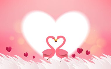 Aşk ve Sevgililer günü kartı. Romantik pembe flamingo kuşları bir kalp oluşturmak için kafalarını katılın. Aşk kuşları ve kırmızı kalp çiçek tebrik kartı. Sevgililer günü tasarımı için festival posteri.