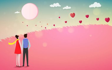 Pembe bir arka plan üzerinde kırmızı kalp çiçek tatlı çift balayı tatil yaz tatilleri romantik tarih ile. Aşk kavramı. Mutlu sevgililer günü duvar kağıdı, poster, kart. Vektör çizim.