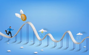 Bitcoin para birimi simgesi ve iş illüstrasyon izole tasarım grafik grafik. Lunapark treni Bitcoin ve iş adamı. 3D vecter illüstrasyon.