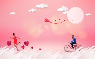 Pembe bir arka plan üzerinde kırmızı kalp çiçek tatlı çift balayı tatil yaz tatilleri romantik tarih ile. Aşk kavramı. Mutlu sevgililer günü duvar kağıdı, poster, kart. Vektör çizim.