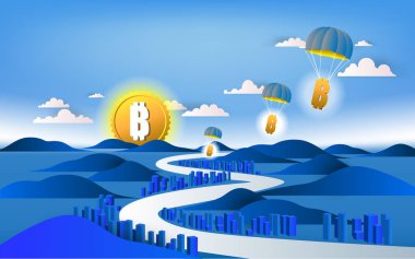 Bitcoin para birimi simgesi ve iş tasarımı. Bitcoin şehre gelir. 3D vecter illüstrasyon.