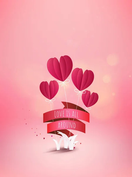 爱和情人节的背景 飞机在空中飞翔 漂浮着红色的心气球 纸艺风格 矢量插图 — 图库矢量图片