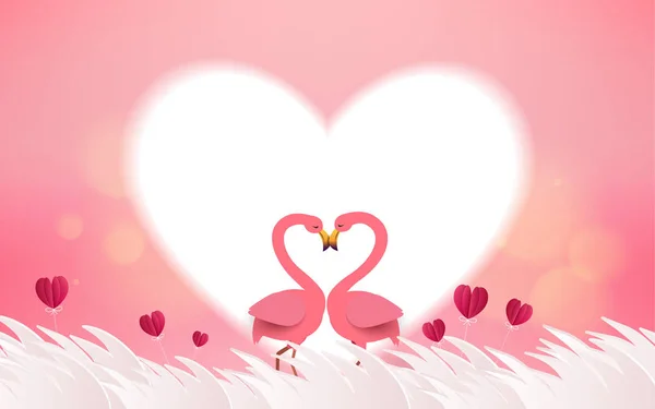 愛とバレンタイン カード ロマンチックなピンクのフラミンゴの鳥に参加ヘッド ハートを作成します 愛の鳥と赤いハートの花のグリーティング カード バレンタイン デザインのお祭りのポスター — ストックベクタ