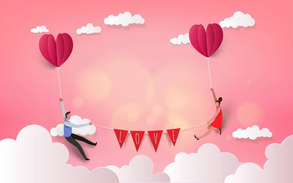 甜蜜的情侣在热气球上度过了蜜月假期的浪漫假期 爱的概念 情人节快乐壁纸 矢量插图 — 图库矢量图片