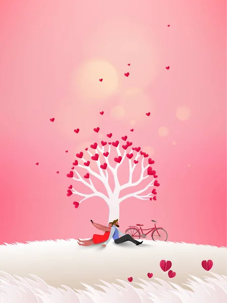 Concetto Giorno San Valentino Coppia Sotto Albero Amore Nella Stagione — Vettoriale Stock