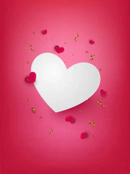 小さな赤いハートとピンクの背景にコピー スペースを持つゴールド リボン紙吹雪と大きな白い心 バレンタインデーの背景 愛の概念 — ストックベクタ