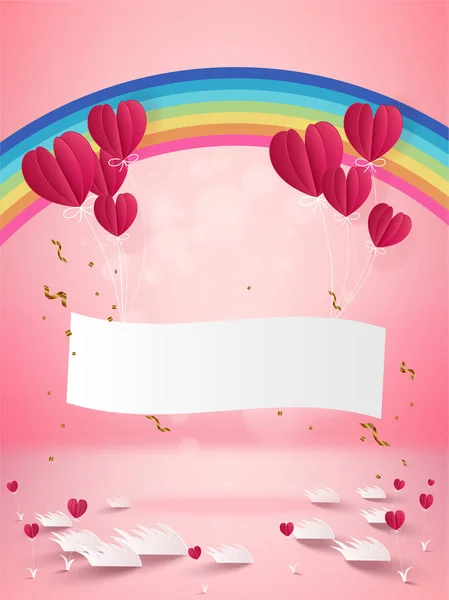 Love Valentine Day Concept Paper Hot Air Balloon Heart Shape — стоковый вектор