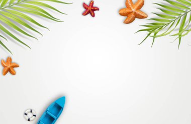 Yaz tatil aksesuarları ile tropikal palmiye yaprakları, yurt dışında - tatil yaz yaşam tarzı nesneleri tasarım koymak için kopya alanı ile düz yatıyordu Üstten Görünüm.