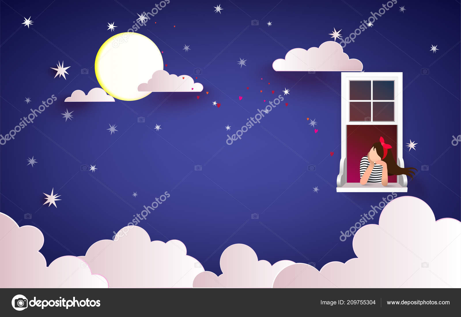 曇りと星と夜空を見ているウィンドウで美しい女性 愛の概念 幸せな 曇りと星と夜空を見ているウィンドウで美しい女性 愛の概念 幸せな