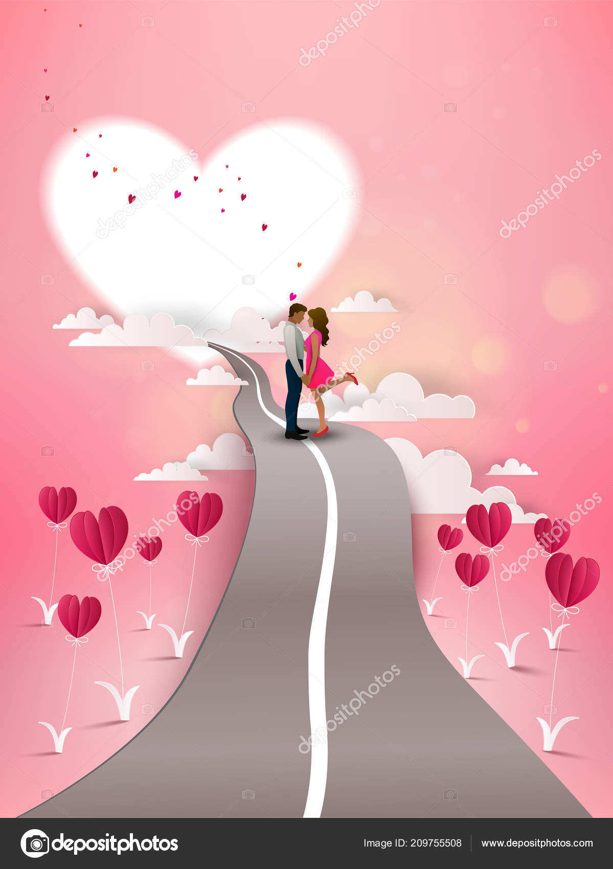 Red Heart Flower Pink Background Couple Kissing Road Love
