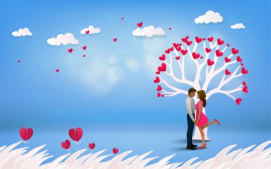 Tatil yaz tatilleri romantik aşk ağacı altında çift öpüşme ile pembe arka plan üzerinde kırmızı kalp çiçek. Mutlu sevgililer günü duvar kağıdı, poster, kart. Vektör çizim.
