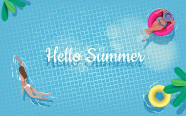 Havadan görünümü çörek lilo üzerinde rahatlatıcı ve havuzda insan. Yaz tatili pastoral. Yüksek görünümü yukarıdaki. Vektör çizim.