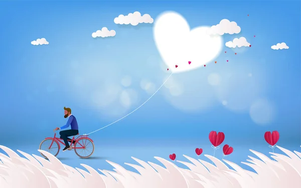 白いハートの風船を持って自転車に乗る男 愛の概念 幸せなバレンタインデーの壁紙 ポスター カード ベクトル図 — ストックベクタ