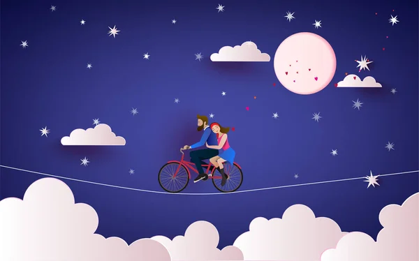 Una Pareja Montando Bicicleta Cielo Nocturno Concepto Amor Feliz Día — Vector de stock