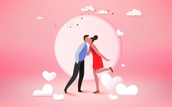 幸せなカップルの恋人の心と月の背景 結婚式のカードや婚約 従事する バレンタインの日 ベクター デザインとキスします 愛の概念 — ストックベクタ