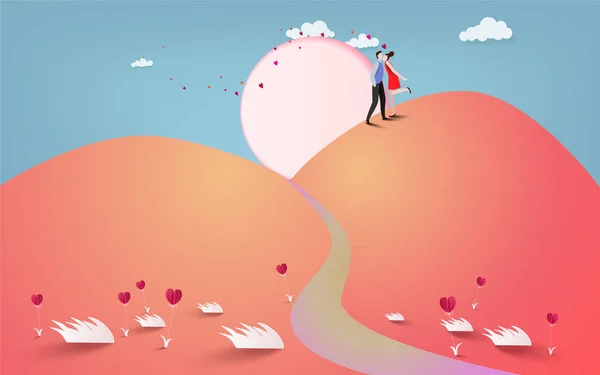 Amante Feliz Pareja Besándose Con Corazón Fondo Luna Tarjeta Boda — Vector de stock