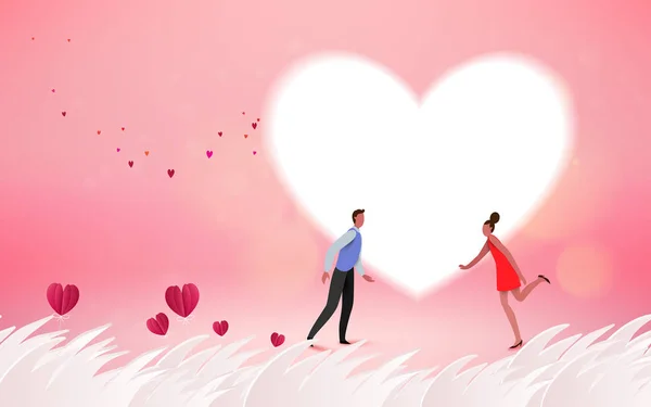 新婚旅行休暇夏の休日のロマンスの甘いカップルとピンクの背景に赤いハートの花 愛の概念 幸せなバレンタインデーの壁紙 ポスター カード ベクトル図 — ストックベクタ