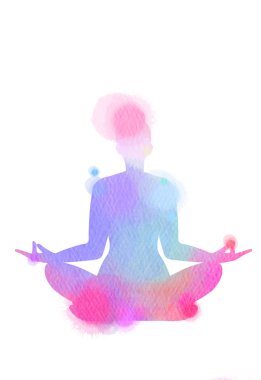 Beyaz zemin üzerine suluboya yoga siluet. Dijital sanat resim.