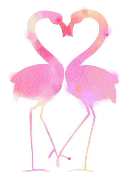 Acquerello Silhouette Uccelli Fenicottero Rosa Romantici Unisce Teste Creare Cuore — Foto Stock