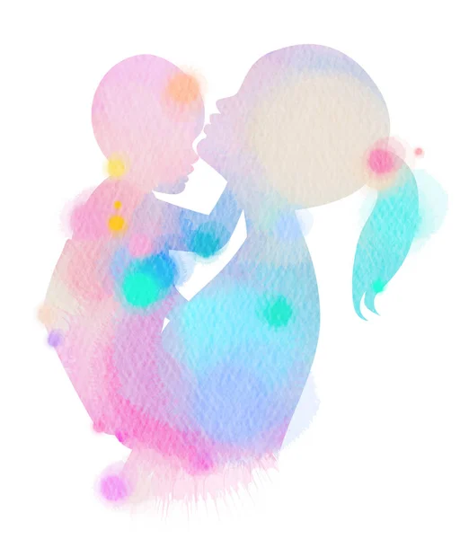 Joyeux Silhouette Famille Sur Fond Aquarelle Mère Bébé Fête Des — Photo