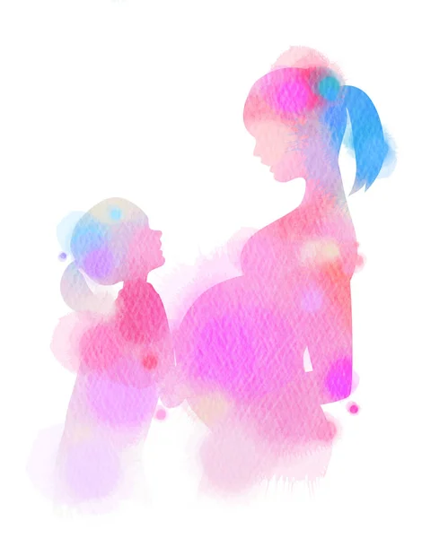 Felice Silhouette Familiare Sfondo Acquerello Madre Figlia Festa Della Mamma — Foto Stock